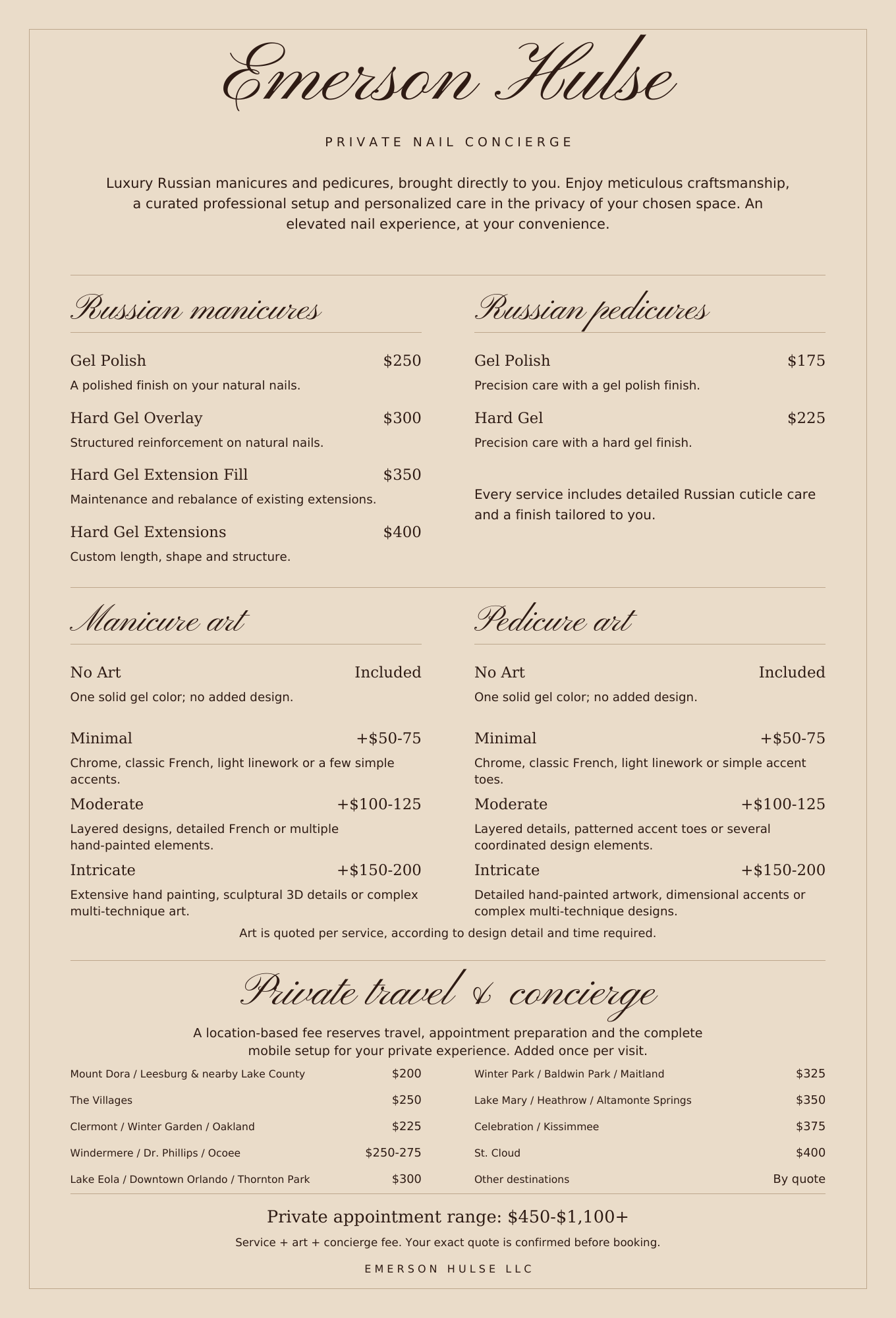 Emerson Hulse house-call price menu. Open the accessible PDF to read all services, art tiers and location fees.